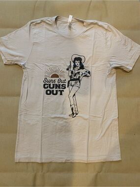 Suns Out Guns Out White/tan Graphic Tee.